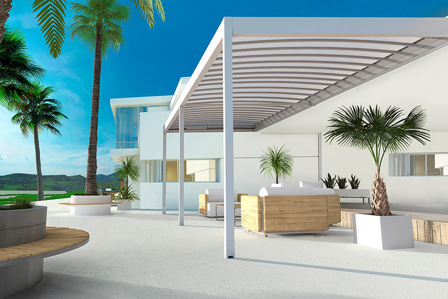 Lamellendach QUBE Arc auf der Terrasse